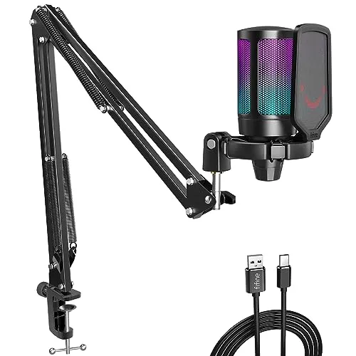 Fifine Gaming Microphone for PC Computer, USB Streaming Condenser Mic Kit with RGB, Quick Mute, Gain Knob, Boom Arm Stand, Pop Filter for Podcasts YouTube Discord-A6T