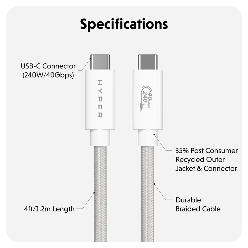 HyperDrive® Next USB4 Type-C Performance Cable (1.2M/4Ft) - Blanc