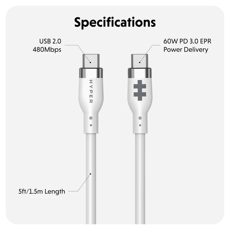 HyperJuice 60W Silicone USB-C to USB-C Cable (1.5M/5Ft) - Blanc