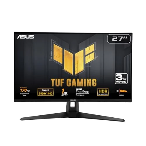 ASUS TUF Gaming 27” 1440P Monitor (VG27AQA1A) - QHD (2560 x 1440), 170Hz (Supports 144Hz), 1ms, Extreme Low Motion Blur, Freesync Premium, Eye Care, HDMI, DisplayPort, Shadow Boost, Speakers, HDR