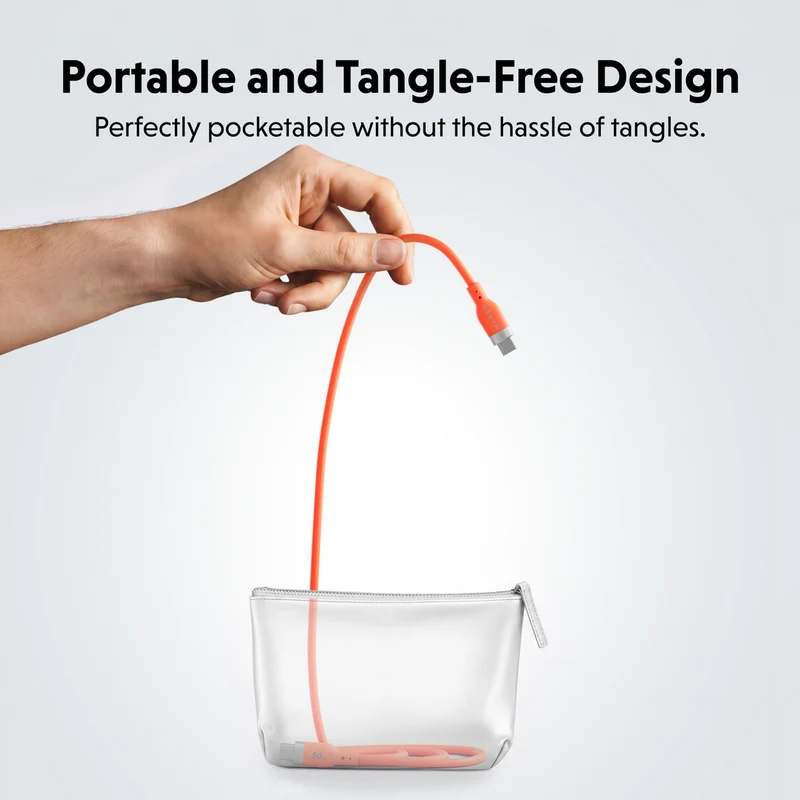Câble de recharge HyperJuice Flex USB-C vers USB-C en silicone, 60 W (1,5 m / 5 pieds) - Orange