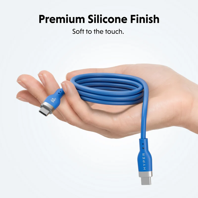 Câble de recharge HyperJuice Flex USB-C vers USB-C en silicone, 60 W (1,5 m / 5 pieds) - Bleu