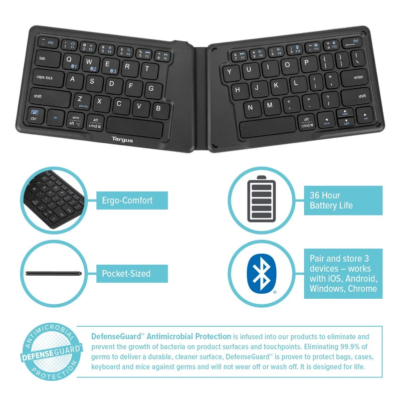 Clavier ergonomique pliable Bluetooth® antimicrobien